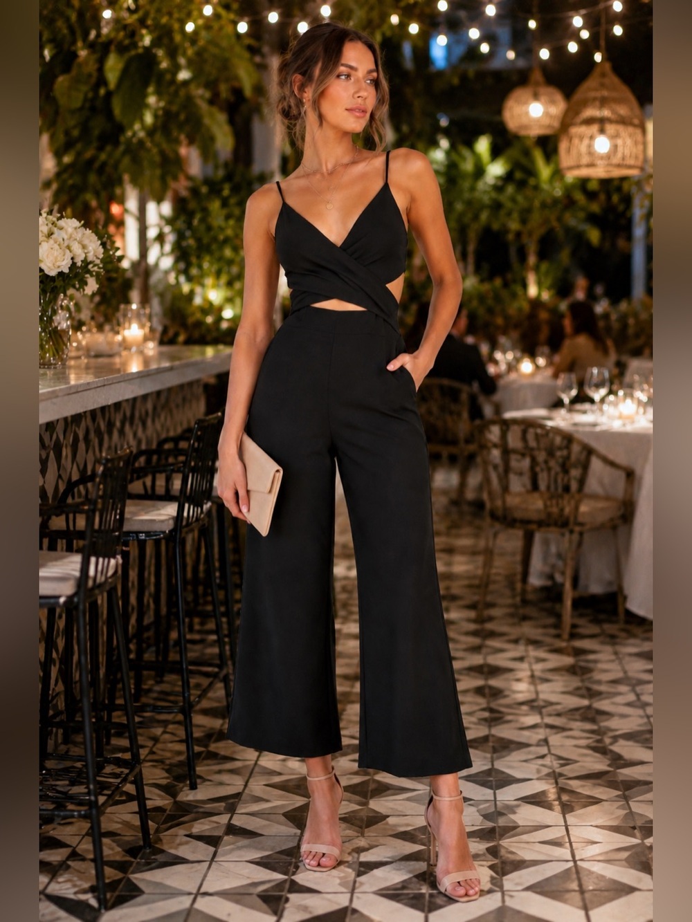NWOT SUNSET & SPRING Black Wrap Cutout Jumpsuit Cropped Wide Leg Date Night Out
